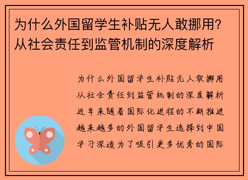 为什么外国留学生补贴无人敢挪用？从社会责任到监管机制的深度解析